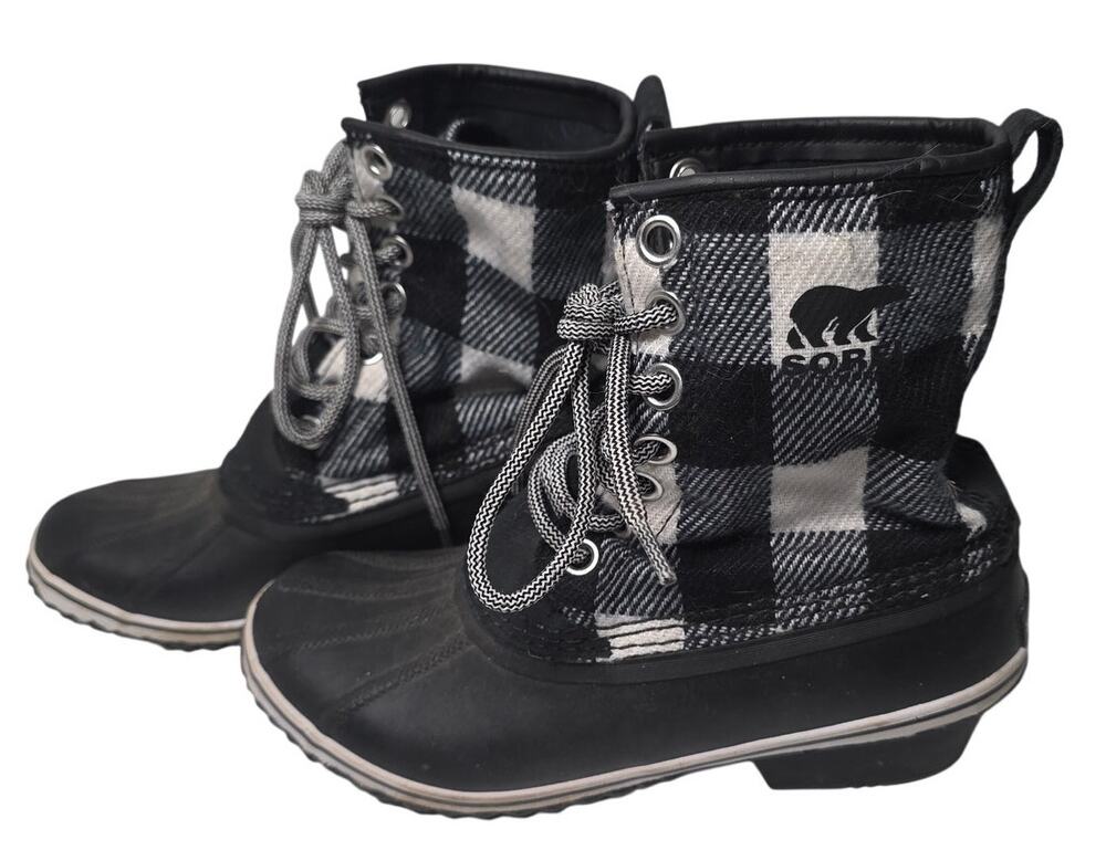 Sorel Women 9.5 Snow Boots White & Black Waterproof Cottage Core Plaid Cozy